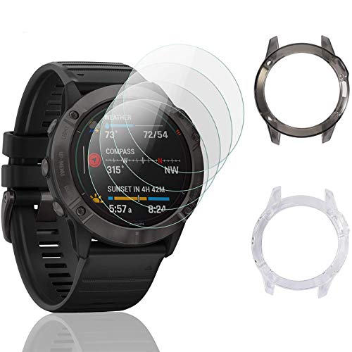 MWOOT Compatible con Garmin Fenix 6 Protectores Cristal Templado [4 Unidades] y Funda Silicona [2 Unidades], 9H Dureza Resistente a Arañazo Protector Pantalla para Proteccion