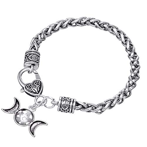 My Shape - Pulsera con cadena de espiga para mujer y hombre, diseño de símbolo lunar de la triple diosa y amuleto con pentagrama, joya de la religión pagana Wicca