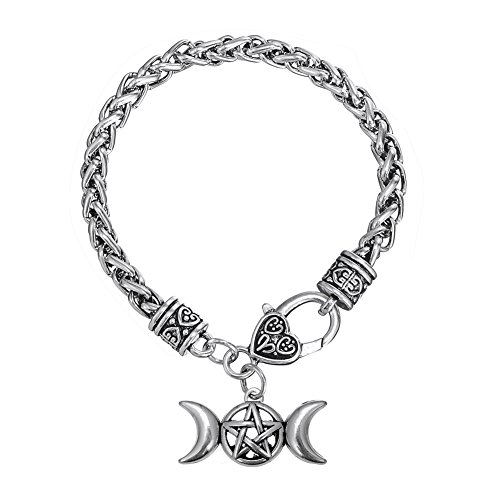 My Shape - Pulsera con cadena de espiga para mujer y hombre, diseño de símbolo lunar de la triple diosa y amuleto con pentagrama, joya de la religión pagana Wicca