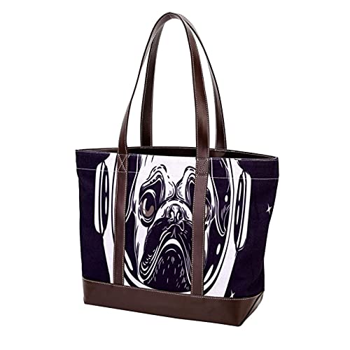 NaiiaN Bolsos perro pug en casco de astronauta Bolso de mano para madres, mujeres, niñas, señoras, estudiantes, bolsos de hombro, monedero, compras, correa liviana