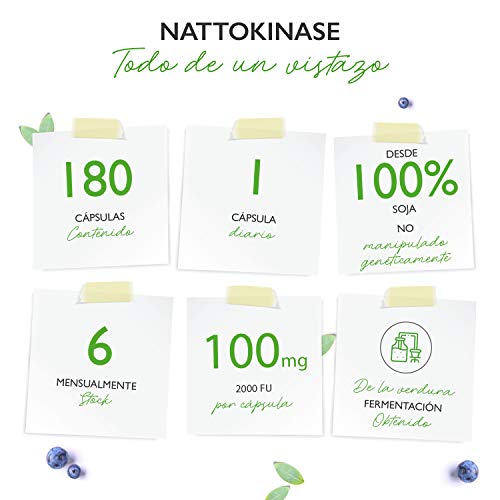 Nattoquinasa - 180 cápsulas de 100 mg cada una (20.000 FU/g) - Suministro para 6 meses - Probado en laboratorio - Altamente dosificado - Vegano - Hecho de soja sin OMG - Sin aditivos indeseables