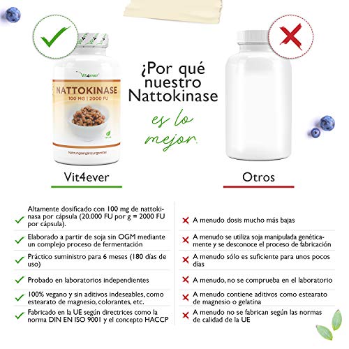 Nattoquinasa - 180 cápsulas de 100 mg cada una (20.000 FU/g) - Suministro para 6 meses - Probado en laboratorio - Altamente dosificado - Vegano - Hecho de soja sin OMG - Sin aditivos indeseables