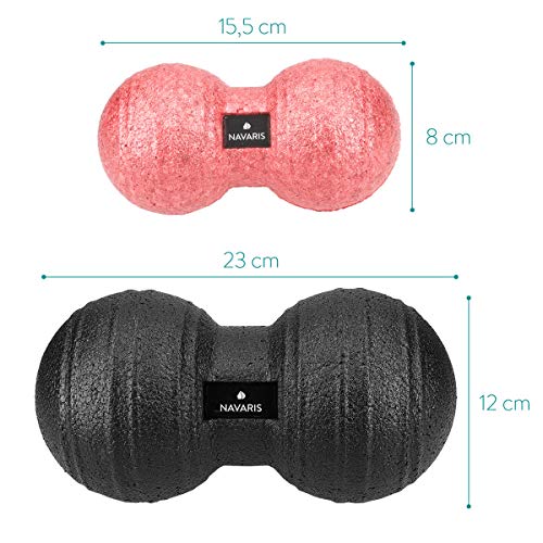 Navaris 2x bolas de masaje - Bolas en forma de cacahuete para automasaje - Rodillo para liberación miofascial - Massage balls negro y rojo