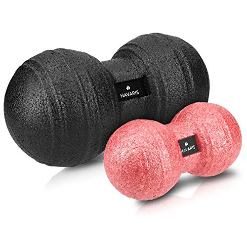 Navaris 2x bolas de masaje - Bolas en forma de cacahuete para automasaje - Rodillo para liberación miofascial - Massage balls negro y rojo