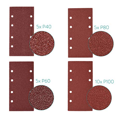 Navaris Set de 25x papel de lija - Papeles de lija para lijadora rectangular de banda de 93 x 187 MM - 10 unidades de grano P100 y 5 de P40 P60 P80