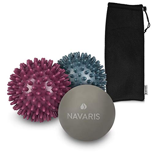 Navaris set de 3 bolas de masaje - 2x Bolas con pinchos y 1x bola de lacrosse - Para aliviar dolores musculares - Pelotas para liberación miofascial