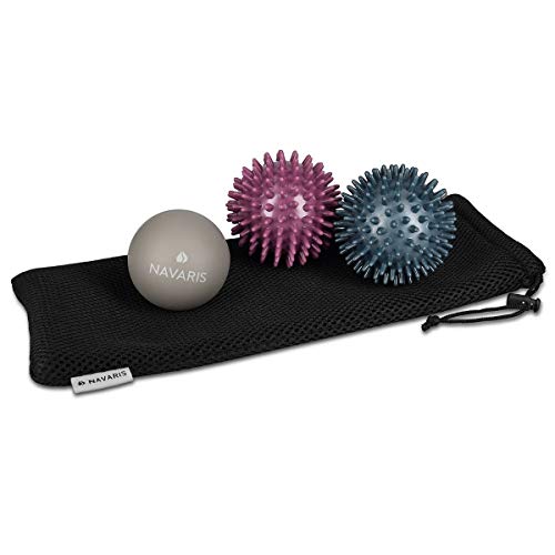 Navaris set de 3 bolas de masaje - 2x Bolas con pinchos y 1x bola de lacrosse - Para aliviar dolores musculares - Pelotas para liberación miofascial
