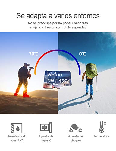Netac Tarjeta de Memoria de 128GB, Tarjeta Memoria microSDXC(A1, U3, C10, V30, 4K, 667X) UHS-I Velocidad de Lectura hasta 100 MB/s, Tarjeta TF para Móvil, Cámara Deportiva, Switch, Gopro, Dashcam