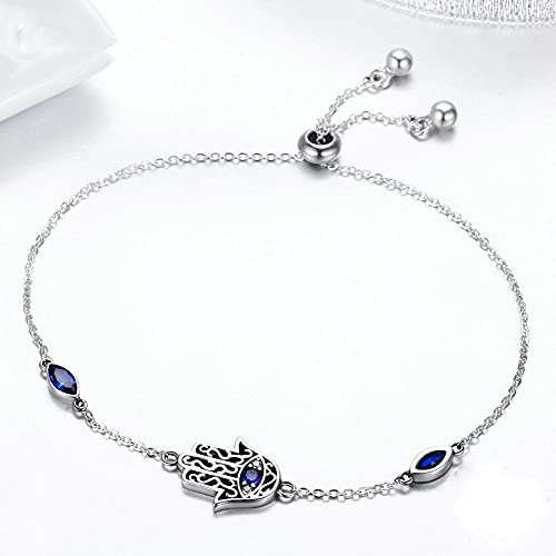 NEWL Pulsera de plata de ley 925 Lucky Hamsa Fátima mano de eslabones para mujer, joyería de plata azul CZ