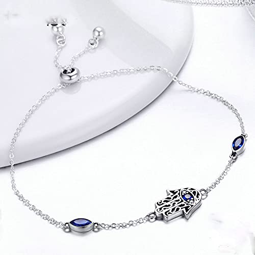 NEWL Pulsera de plata de ley 925 Lucky Hamsa Fátima mano de eslabones para mujer, joyería de plata azul CZ