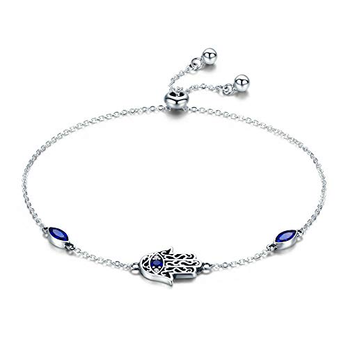 NEWL Pulsera de plata de ley 925 Lucky Hamsa Fátima mano de eslabones para mujer, joyería de plata azul CZ