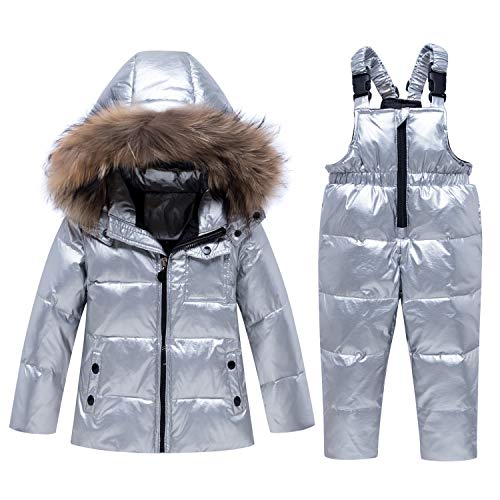 Niño Niña Conjunto de Esquí, Chaqueta con Capucha + Pantalón de Esquí Impermeable Traje de Nieve 2 Piezas Traje de Esquí Abrigos de Pluma Pantalones de Nieve Invierno Pantalones, Gris 18-24 MESI