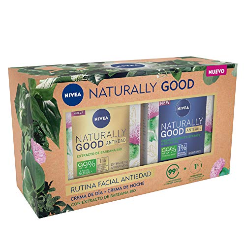 NIVEA Pack Naturally Good Rutina Facial Antiedad, caja de regalo con crema reafirmante de día (1 x 50 ml) y crema de noche regeneradora (1 x 50 ml), pack de mujer