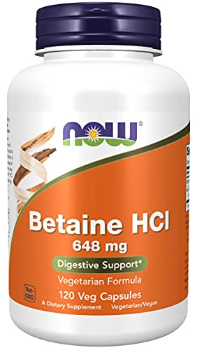 Now Foods, Betaine HCl, 648 mg, 120 Cápsulas veganas, Probado en Laboratorio, Sin Gluten, Sin Soja, Vegetariano