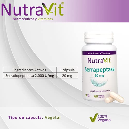 NutraVit SERRAPEPTASA 20 mg | Potente antiinflamatorio | Complemento Alimenticio a base de Serrapeptasa | 100% Vegano | 60 Cápsulas Vegetales