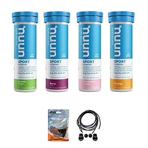 Nuun Sport Hydration Tablets – 4 tubos de pestañas de electrolito (40 tabletas totales) incluido con un paquete de cordones reflectantes elásticos para zapatos (limón, baya, fresa, limón, naranja)