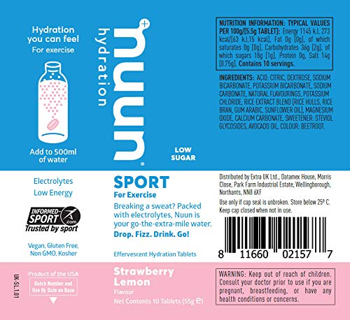 Nuun Sport Hydration Tablets – 4 tubos de pestañas de electrolito (40 tabletas totales) incluido con un paquete de cordones reflectantes elásticos para zapatos (limón, baya, fresa, limón, naranja)