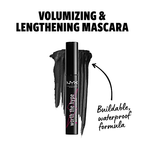 NYX Professional Makeup Máscara de pestañas Worth the Hype Waterproof Mascara, Volumen y longitud, Cepillo de punta cónica llega a todas las pestañas, Aceite de jojoba, Tono: Negro