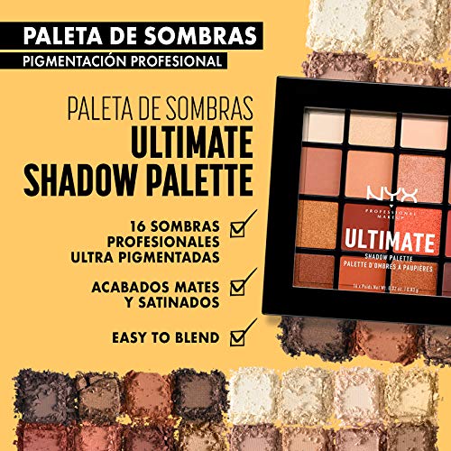 NYX Professional Makeup Paleta de sombra de ojos Ultimate Shadow Palette, Pigmentos compactos, 16 sombras, Acabados mate, satinados y metalizados, Tono: Warm Neutrals