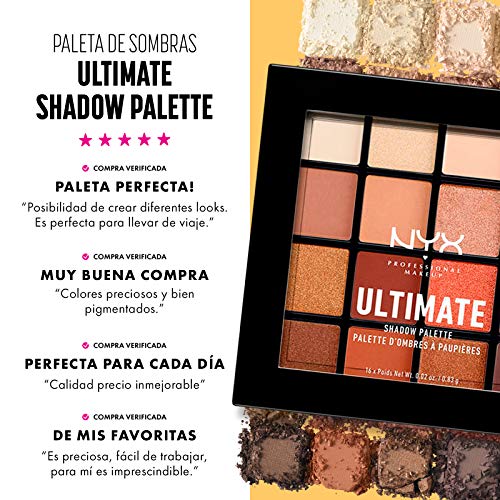 NYX Professional Makeup Paleta de sombra de ojos Ultimate Shadow Palette, Pigmentos compactos, 16 sombras, Acabados mate, satinados y metalizados, Tono: Warm Neutrals