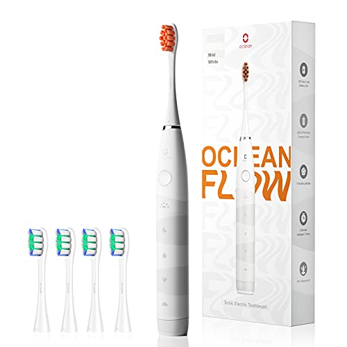 Oclean Flow Cepillo de dientes eléctrico Cepillo de dientes sónico 38.000 rpm 5 modos de limpieza 180 días de duración de la batería IPX7 Blanco (con 5 cabezales de cepillo de cerdas Dupont)