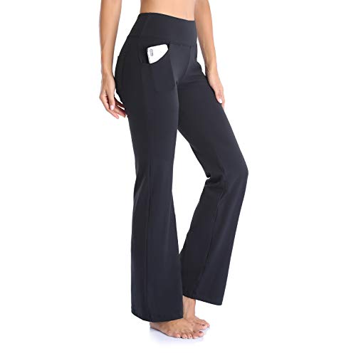 Ollrynns Pantalones de Yoga Mujer Cintura Alta Bootcut Pierna Ancha Deportivos Pantalón de Piltes con Bolsillos para Yoga Fitness Gym N151,Negro,S