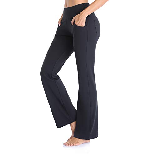 Ollrynns Pantalones de Yoga Mujer Cintura Alta Bootcut Pierna Ancha Deportivos Pantalón de Piltes con Bolsillos para Yoga Fitness Gym N151,Negro,S