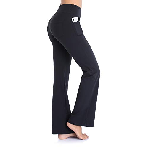 Ollrynns Pantalones de Yoga Mujer Cintura Alta Bootcut Pierna Ancha Deportivos Pantalón de Piltes con Bolsillos para Yoga Fitness Gym N151,Negro,S