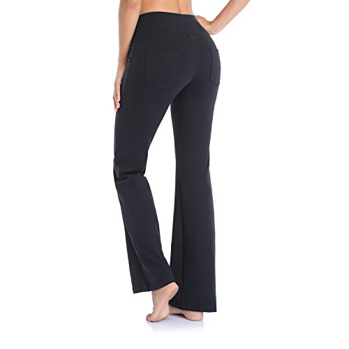 Ollrynns Pantalones de Yoga Mujer Cintura Alta Bootcut Pierna Ancha Deportivos Pantalón de Piltes con Bolsillos para Yoga Fitness Gym N151,Negro,S