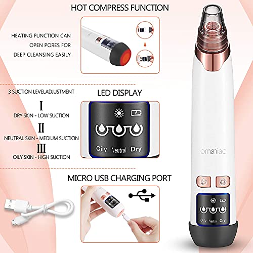 OMANIAC Succionador de Puntos Negros Limpiador de Poros Limpiador Facial Blackhead Remover Recargable via USB 5 Cabezales Pulidores Faciales y 4 herramientas para eliminar el acné