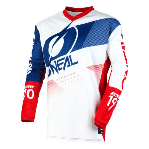 O'Neal | Jersey de Motocicleta | Bicicleta de montaña | Máxima Libertad de Movimiento, Protección Acolchada para los Codos | Jersey Element Factor | Adultos | Blanco Azul Rojo | Talla L