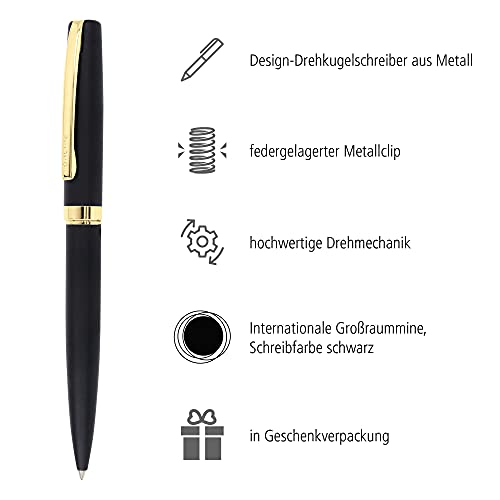 ONLINE Bolígrafo con mecanismo de giro, metal, color negro y dorado, mina grande intercambiable, clip de metal, color de escritura negro, incluye paquete de regalo