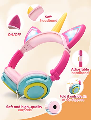 ONTA Auriculares para Niños con Orejas de Gato Iluminados con LED Plegables sobre Oído, Auriculares Resplandor Unicornio para Niños para la Escuela, la Casa, Cable Sin Enredos (Polvo Amarillo)