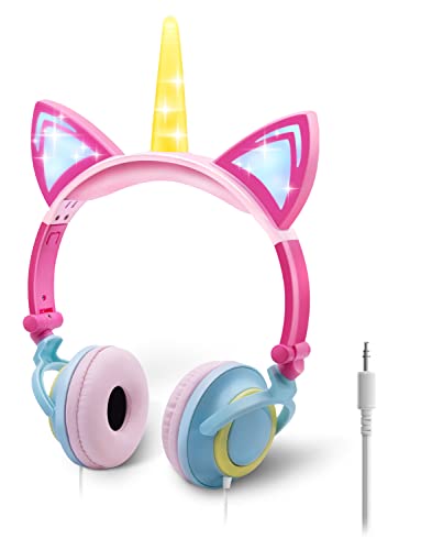 ONTA Auriculares para Niños con Orejas de Gato Iluminados con LED Plegables sobre Oído, Auriculares Resplandor Unicornio para Niños para la Escuela, la Casa, Cable Sin Enredos (Polvo Amarillo)