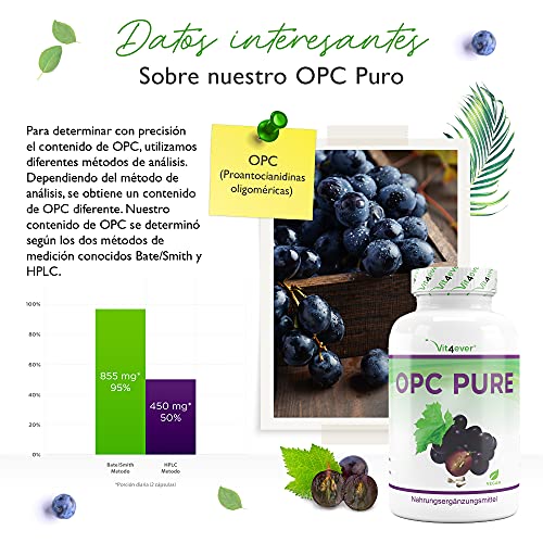 OPC Extracto de Semilla de Uva - 300 Cápsulas - 1000mg de Extracto con 700mg de OPC - El más alto contenido de OPC según HPLC - OPC de Uvas Europeas probado en laboratorio - Vegano