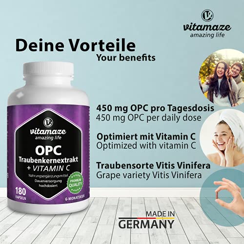 OPC Extracto de Semilla de Uva Cápsulas + Vitamina C, 450 mg Certificados OPC + 100 mg Vitamina C, 180 Cápsulas para 6 Meses, Suplemento Alimenticio Natural sin Aditivos, Made in Germany