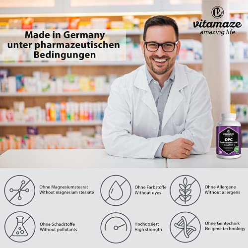 OPC Extracto de Semilla de Uva Cápsulas + Vitamina C, 450 mg Certificados OPC + 100 mg Vitamina C, 180 Cápsulas para 6 Meses, Suplemento Alimenticio Natural sin Aditivos, Made in Germany