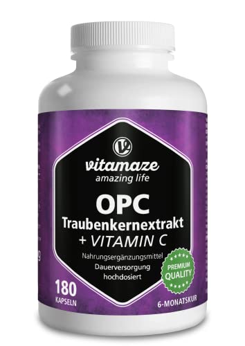 OPC Extracto de Semilla de Uva Cápsulas + Vitamina C, 450 mg Certificados OPC + 100 mg Vitamina C, 180 Cápsulas para 6 Meses, Suplemento Alimenticio Natural sin Aditivos, Made in Germany