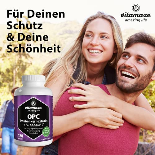 OPC Extracto de Semilla de Uva Cápsulas + Vitamina C, 450 mg Certificados OPC + 100 mg Vitamina C, 180 Cápsulas para 6 Meses, Suplemento Alimenticio Natural sin Aditivos, Made in Germany