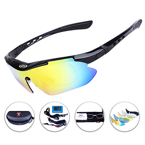 OPEL-R Gafas Ciclismo Motocross Anti-UV400 Gafas De Sol Polarizadas 5 Lentes para MTB Correr, Pescar, Conducir, Deportes Al Aire Libre (BRIGHTBLACK)