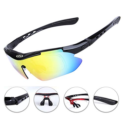 OPEL-R Gafas Ciclismo Motocross Anti-UV400 Gafas De Sol Polarizadas 5 Lentes para MTB Correr, Pescar, Conducir, Deportes Al Aire Libre (BRIGHTBLACK)