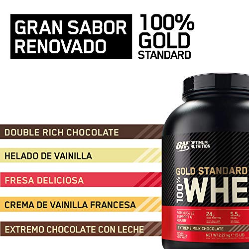 Optimum Nutrition Gold Standard 100% Whey Proteína en Polvo, Glutamina y Aminoácidos Naturales, BCAA, Extremo Chocolate, Leche, 71 Porciones, 2,27kg, Embalaje Puede Variar