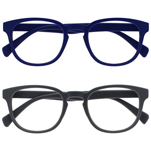Opulize Pop Pack 2 Retro Redondo Azul Mate Suave Gris Hombres Mujeres Gafas De Lectura Bisagras Resorte RR2-37 +1,00