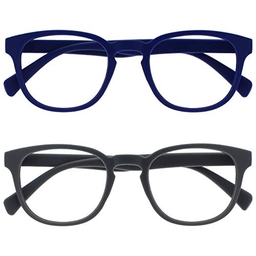 Opulize Pop Pack 2 Retro Redondo Azul Mate Suave Gris Hombres Mujeres Gafas De Lectura Bisagras Resorte RR2-37 +1,00