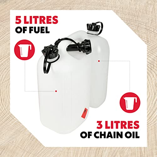 Oregon Bidón Doble Económico, 5 + 3 litros, Doble Depósito para Gasolina y Aceite, Tapa de Seguridad y Medidor Incorporados, Blanco/Transparente (562408)