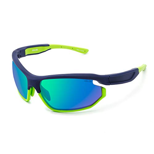 OSLOB Gafas De Sol Deportivas Para Hombres Y Mujeres, Lentes De Policarbonato Que Se Aplican Al Ciclismo, Conducción, Pesca, Correr Con Protección UV, Gafas De Sol ST011 |Azul Marino/Verde|70-17-135