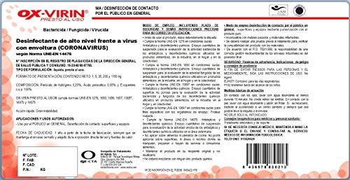 OX-VIRIN Desinfectante Presto al Uso con Pulverizador | Desinfectante Homologado por Ministerio de Sanidad | Desinfectante efectivo en 1 minuto | Formato 1kg con Pulverizador