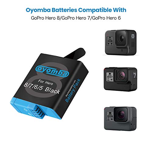 Oyomba Hero 8/7/6/5 Baterías de Repuesto (Paquete de 3) y Adaptador de Caja de Almacenamiento USB LED de 3 Canales Compatible con GoPro Hero 8/7 Black, Hero 5/6 Black, AHDBT-801