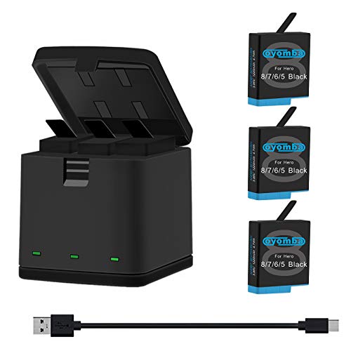 Oyomba Hero 8/7/6/5 Baterías de Repuesto (Paquete de 3) y Adaptador de Caja de Almacenamiento USB LED de 3 Canales Compatible con GoPro Hero 8/7 Black, Hero 5/6 Black, AHDBT-801