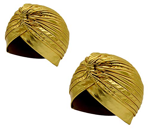 Pack 2 Plisado Cabeza Turbante Gorra Sombrero India Capucha de Turbante de Sol Árabe Festival Vintage Color Liso Unisex (Dorado x 2, Talla única)